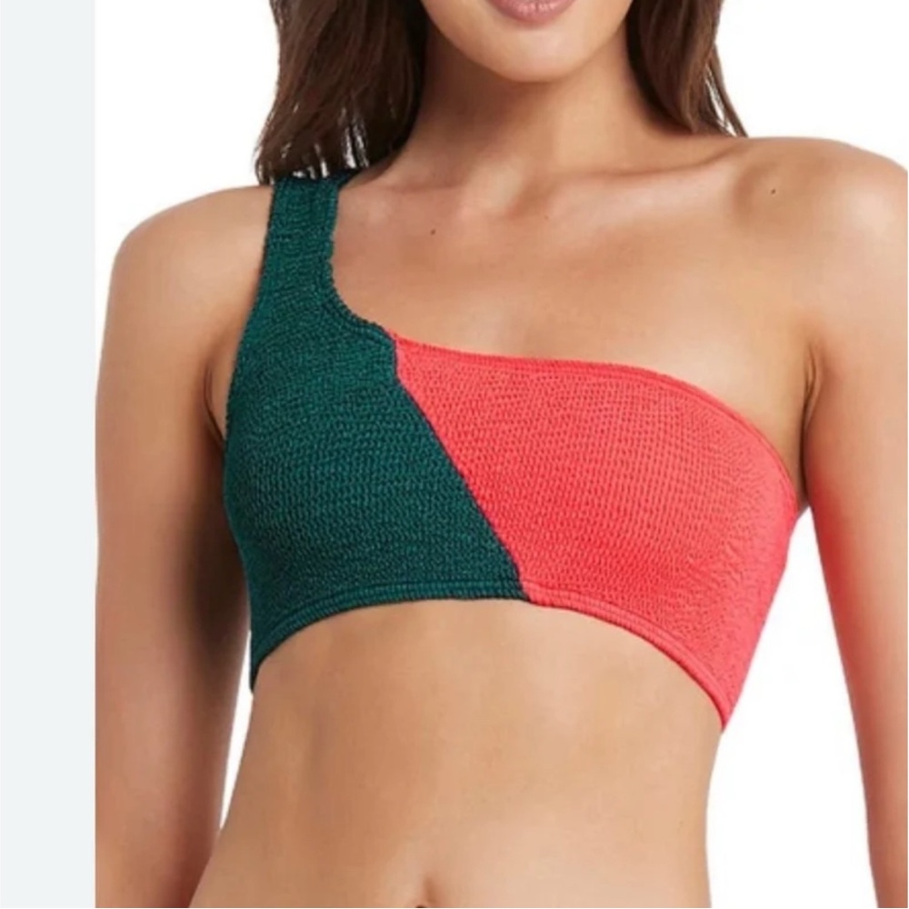 bond-eye Teal and Coral One-Shoulder Bikini Top